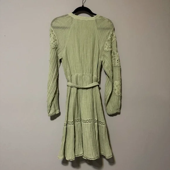 GUESS Green Lace Trim Button Front Midi Dress Belted Long Sleeve Boho Size M - Picture 5 of 6
